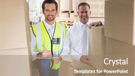  Presentation with pharmaceutical delivery - Beautiful slide deck featuring delivery driver checking his list on clipboard in a large warehouse backdrop and a coral colored foreground