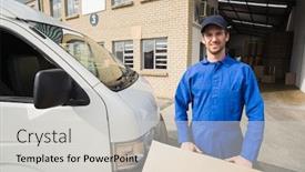  Presentation with delivery van - Slide set with delivery-driver-packing-his-van background and a light gray colored foreground