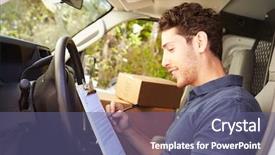  Presentation with delivery van - Colorful theme enhanced with delivery driver sitting in van filling out paperwork backdrop and a ocean colored foreground