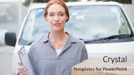  Presentation with delivery van - Beautiful theme featuring delivery driver smiling at camera by her van holding parcel outside the warehouse backdrop and a light blue colored foreground