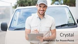  Presentation with delivery van - Beautiful presentation featuring delivery driver smiling at camera backdrop and a mint green colored foreground