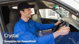  Presentation with delivery van - Theme featuring delivery driver smiling in his van outside the warehouse background and a ocean colored foreground