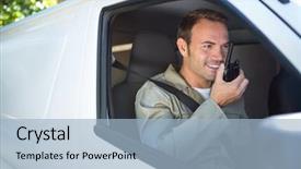  Presentation with delivery van - PPT layouts consisting of delivery driver talking on walkie-talkie while sitting in his van background and a light blue colored foreground
