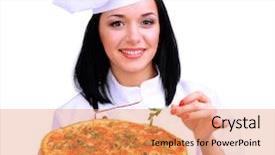  Presentation with pizza - Audience pleasing PPT theme consisting of delivery excellence - beautiful girl chief-cooker with pizza backdrop and a  colored foreground