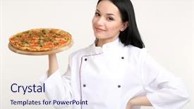  Presentation with swimming beautiful girl swims underwater - Audience pleasing presentation theme consisting of delivery excellence - beautiful girl chief-cooker with pizza backdrop and a  colored foreground