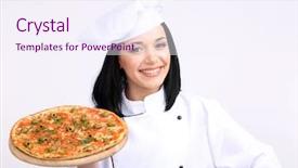  Presentation with swimming beautiful girl swims underwater - Beautiful presentation design featuring delivery excellence - beautiful girl chief-cooker with pizza backdrop and a  colored foreground
