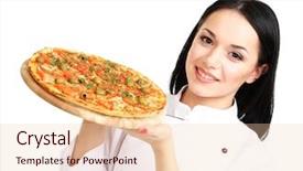  Presentation with pizza - Amazing slide set having delivery excellence - beautiful girl chief-cooker with pizza backdrop and a  colored foreground