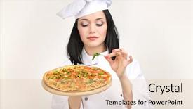  Presentation with pizza - Presentation design enhanced with delivery excellence - beautiful girl chief-cooker with pizza background and a  colored foreground