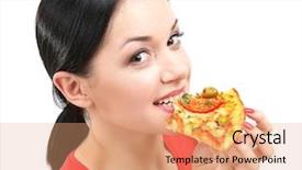  Presentation with pizza - Audience pleasing presentation design consisting of delivery excellence - beautiful girl eats pizza close-up backdrop and a  colored foreground