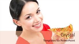  Presentation with pizza delivery - PPT theme with delivery excellence - beautiful girl eats pizza close-up background and a  colored foreground