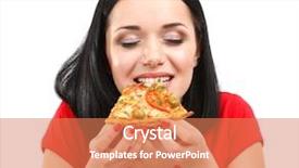  Presentation with pizza and wine - PPT theme having delivery excellence - beautiful girl eats pizza isolated background and a coral colored foreground