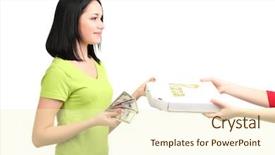  Presentation with peace order - Presentation featuring delivery excellence - beautiful girl gets order pizza background and a  colored foreground
