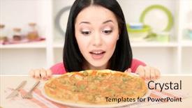  Presentation with pizza delivery - Colorful PPT theme enhanced with delivery excellence - beautiful girl wants to eat backdrop and a coral colored foreground