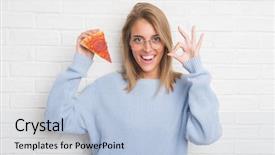  Presentation with paint white brick wall - Amazing theme having delivery excellence - beautiful young woman over white backdrop and a light blue colored foreground