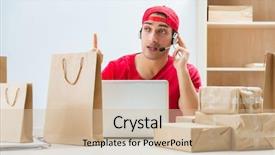  Presentation with call center - Audience pleasing slide set consisting of delivery excellence - call center worker at parcel backdrop and a soft green colored foreground