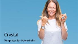  Presentation with pizza delivery - Presentation enhanced with delivery excellence - middle age hispanic woman eating background and a light blue colored foreground