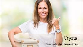  Presentation with moving - Cool new presentation theme with delivery excellence - middle age hispanic woman moving backdrop and a lemonade colored foreground