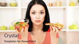  Presentation with pretty girl - Colorful PPT theme enhanced with delivery excellence - pretty girl selects pizza backdrop and a  colored foreground