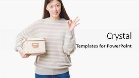  Presentation with chinese food to go box - Slide set consisting of delivery excellence - young chinese woman over isolated background and a  colored foreground