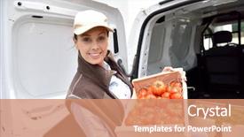  Presentation with vegetables - Presentation design featuring delivery food - cheerful farmer delivering fresh vegetables background and a coral colored foreground