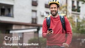  Presentation with food city - Beautiful presentation featuring delivery-food-courier-guy-checking backdrop and a gray colored foreground