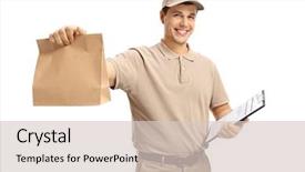  Presentation with paper bag - PPT theme with delivery guy holding a paper background and a lemonade colored foreground