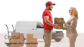  Presentation with delivery van - Slide set having delivery-guy-with-a-van background and a coral colored foreground