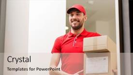  Presentation with man door - Colorful presentation design enhanced with delivery mail people and shipment backdrop and a lemonade colored foreground