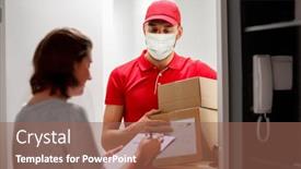  Presentation with medical face mask - Amazing slides having delivery-mail-people-and-shipping backdrop and a violet colored foreground