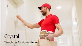  Presentation with man door - Presentation design featuring delivery mail and people concept background and a lemonade colored foreground