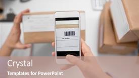  Presentation with barcode - PPT theme consisting of delivery-mail-service-people background and a coral colored foreground