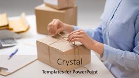  Presentation with mail - PPT theme featuring delivery-mail-service-people background and a coral colored foreground