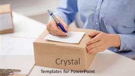  Presentation with postal service - Amazing PPT theme having delivery-mail-service-people backdrop and a coral colored foreground