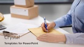  Presentation with writing pen - Beautiful presentation theme featuring delivery-mail-service-people backdrop and a coral colored foreground