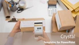  Presentation with barcode - Beautiful slides featuring delivery-mail-service-people backdrop and a coral colored foreground