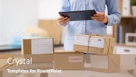  Presentation with mail - Presentation design having delivery-mail-service-people background and a coral colored foreground