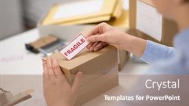  Presentation with mail - PPT theme featuring delivery-mail-service-people background and a coral colored foreground