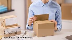  Presentation with mail - Audience pleasing presentation theme consisting of delivery-mail-service-people backdrop and a coral colored foreground