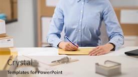  Presentation with writing pen - Beautiful slide set featuring delivery-mail-service-people backdrop and a soft green colored foreground