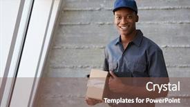 Presentation with courier delivery - Cool new slide set with delivery man - portrait of courier collecting package backdrop and a tawny brown colored foreground