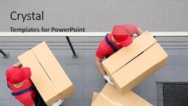  Presentation with boxes - PPT theme consisting of delivery man - two male workers with heavy background and a light gray colored foreground