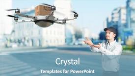  Presentation with drone delivery - Presentation design featuring delivery man and 3d drone background and a teal colored foreground