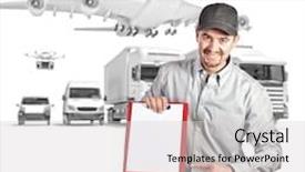  Presentation with drone delivery - Presentation theme having delivery man and 3d truck background and a light gray colored foreground