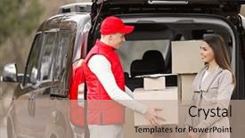  Presentation with young man and a woman - Slide deck consisting of delivery man and attractive young background and a coral colored foreground