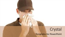  Presentation with tissue - Theme featuring delivery man at work blowing his nose in a tissue isolated on white background and a coral colored foreground