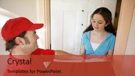  Presentation with pizza delivery - Audience pleasing PPT theme consisting of delivery man bringing pizza backdrop and a red colored foreground