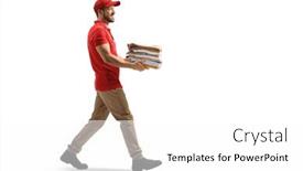  Presentation with pile - PPT theme having delivery-man-carrying-a-pile background and a  colored foreground