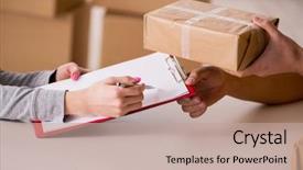  Presentation with box - PPT theme featuring delivery man delivering parcel box background and a coral colored foreground