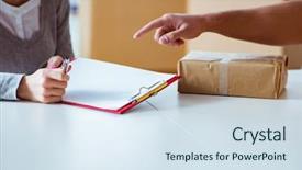  Presentation with box - Beautiful PPT theme featuring delivery man delivering parcel box backdrop and a sky blue colored foreground