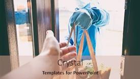  Presentation with grocery bag - Cool new PPT theme with delivery-man-gives-the-bag backdrop and a coral colored foreground